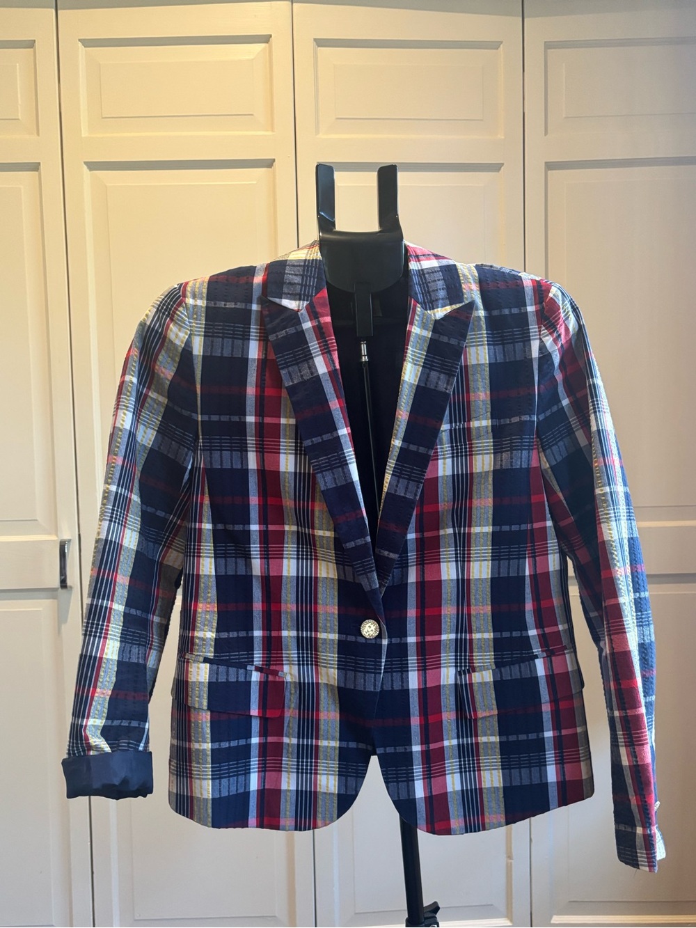 Anne Klein Navy, Red, Yellow & White Plaid Blazer